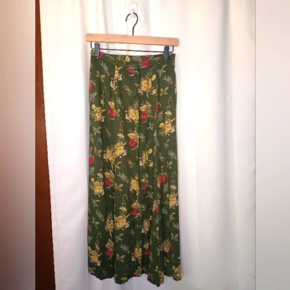 Vintage Susan Bristol Cottagecore Floral Button Up Midi Skirt S 10 Green Grunge